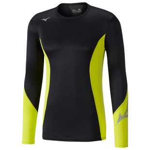 Mizuno Mens G2 Virtual Body Crew Long Sleeve Top Black Yellow Spor