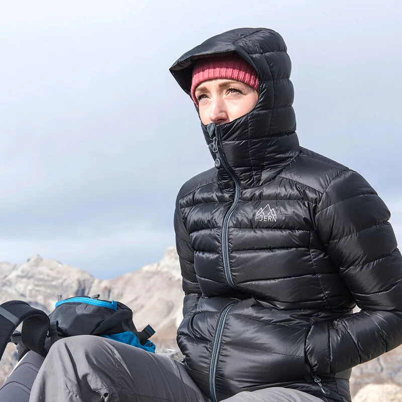 FJERN Womens Arktis II Down Hooded Jacket (Black/Charcoal) | Sportpurs