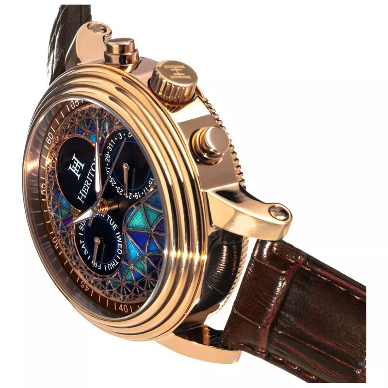 Heritor Mens Legacy Leather Band Watch Rose Gold Brown Sportpursui