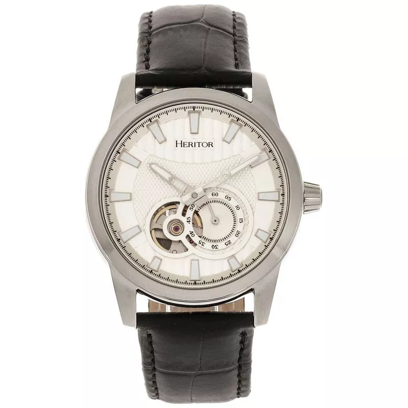 Heritor Mens Davidson Semi Skeleton Leather Band Watch Silver Spor