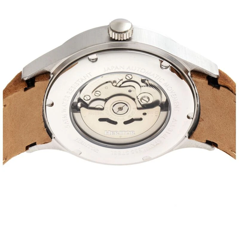 Heritor Mens Antoine Semi Skeleton Leather Band Watch Silver Umber