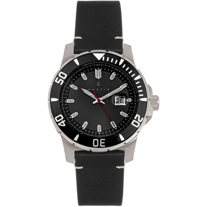 Nautis Mens Dive Pro 200 Leather Band Watch (Black)