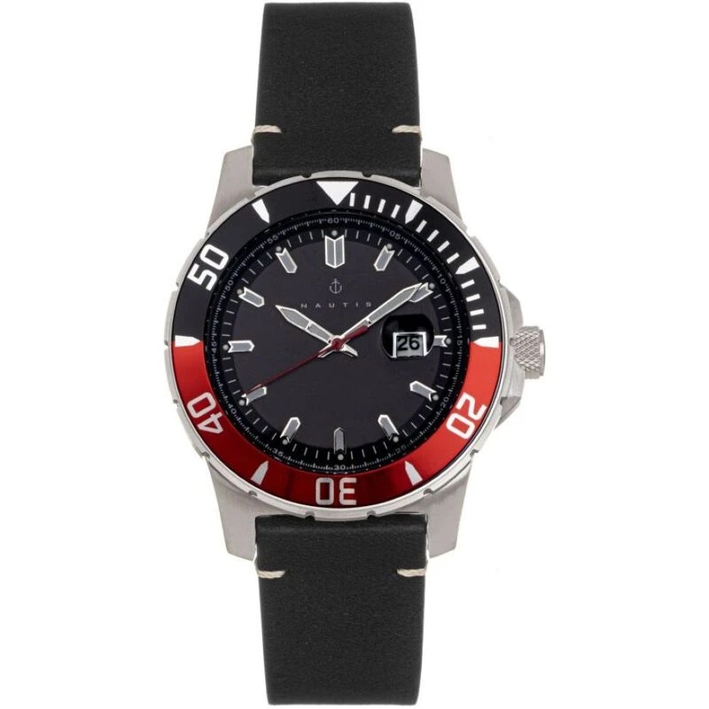Nautis Mens Dive Pro 200 Leather Band Watch (Black/Red) Sportpursuit