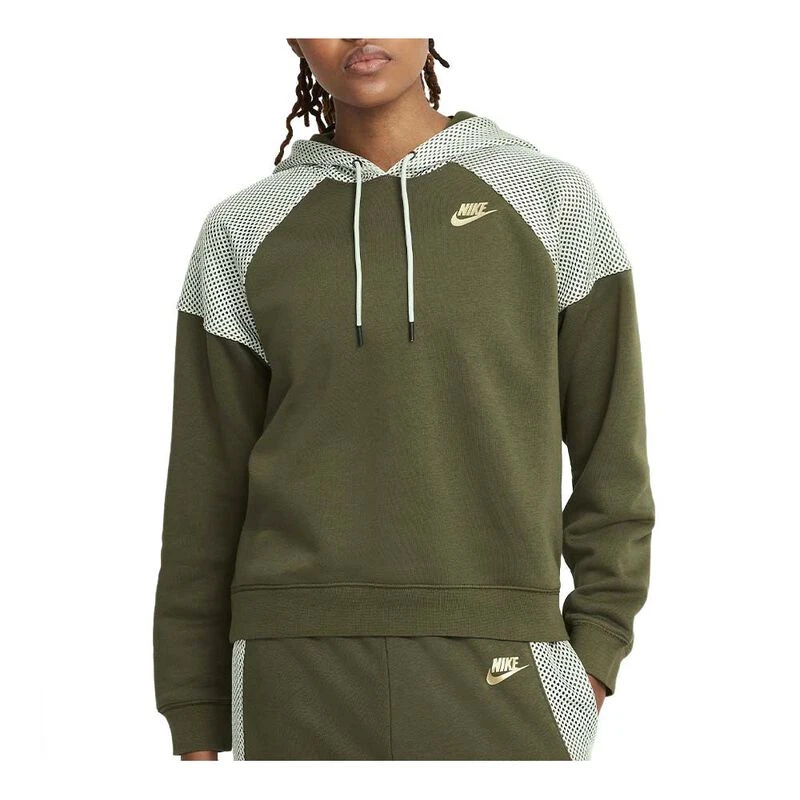 Nike Womens Court LS FLC Hoodie Rough Green Seafoam Metallic Gold