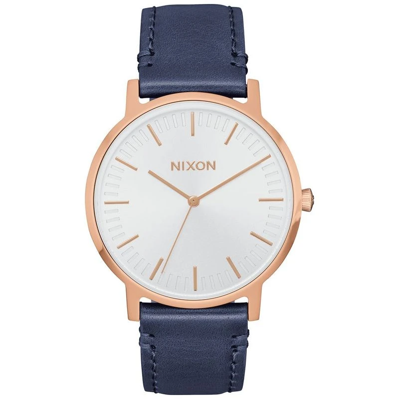 Nixon Mens Porter 35 Leather Watch Rose Gold Navy White Sportpursu
