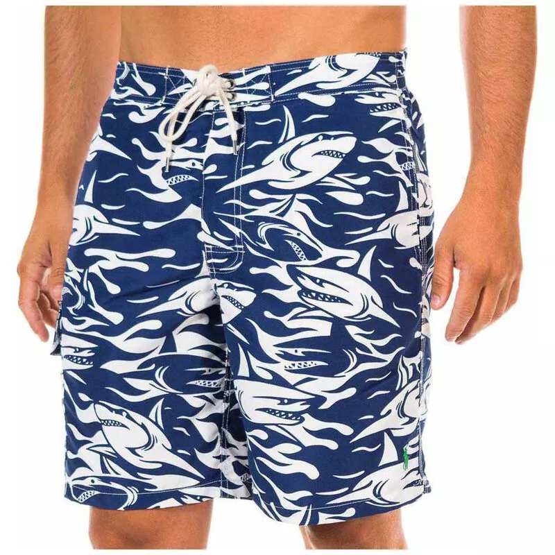 Ralph Lauren Mens Shark Print Swim Shorts Navy Blue White Sportpur