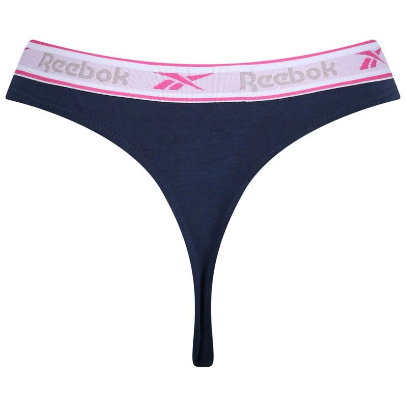 Reebok Womens Thong Briefs (3 Pack - Atomic Pink/Grey Marl/Batik Blue)