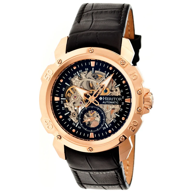 Heritor Mens Conrad Skeleton Watch Rose Gold Black Sportpursuit