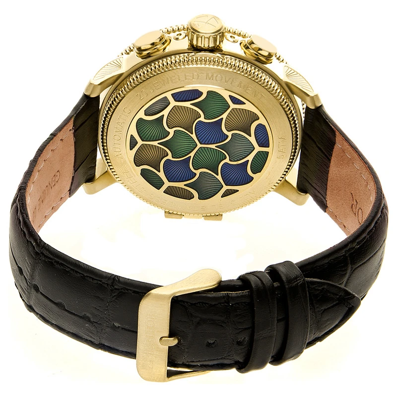 Heritor Mens Aura Semi Skeleton Leather Band Watch Gold Black Spo